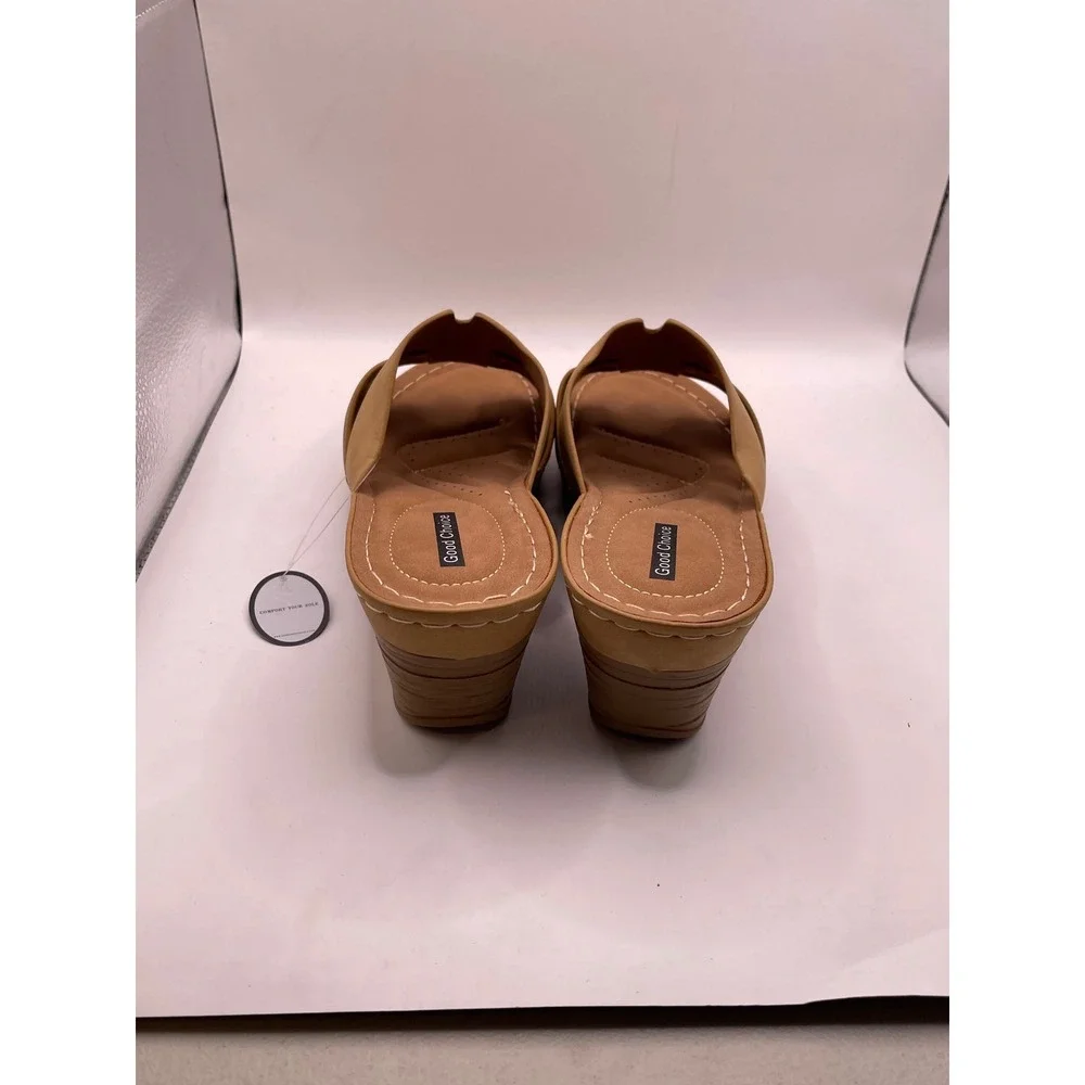 Good Choice Selva Tan Wedge Sandals Gold Buckle Slides Womens 10